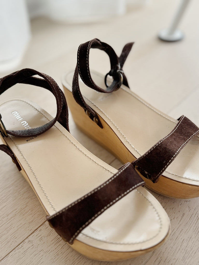 Suede Wood Wedge Sandals