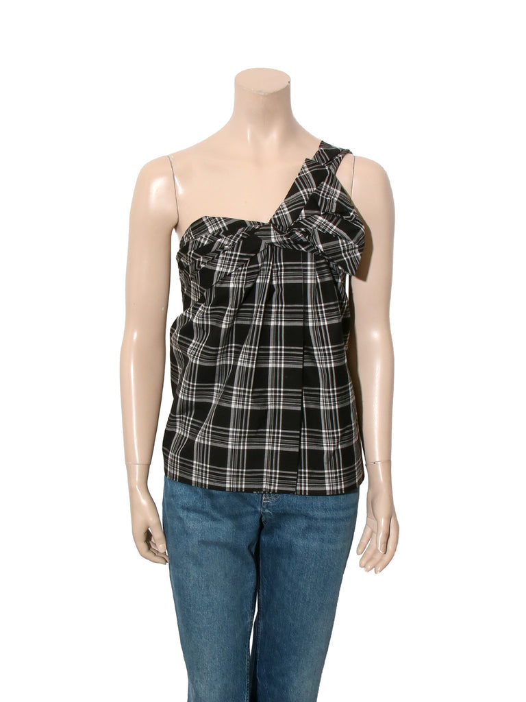 Vintage One-Shoulder Plaid Print Top