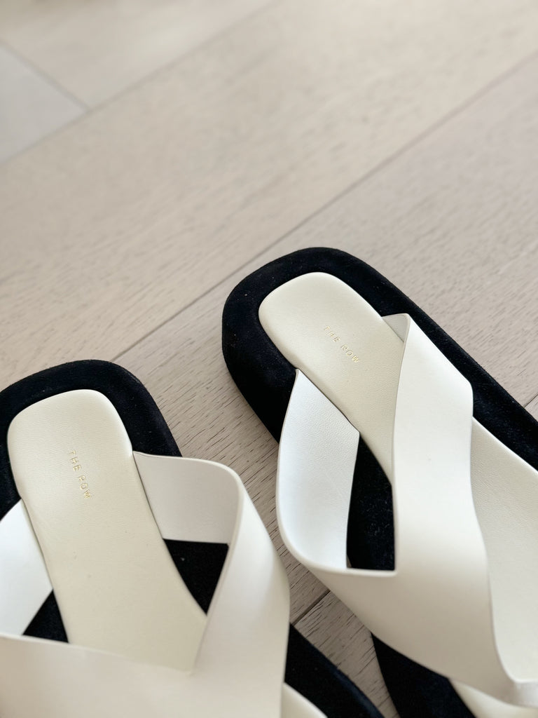 Ginza two-tone leather and suede platform flip flops