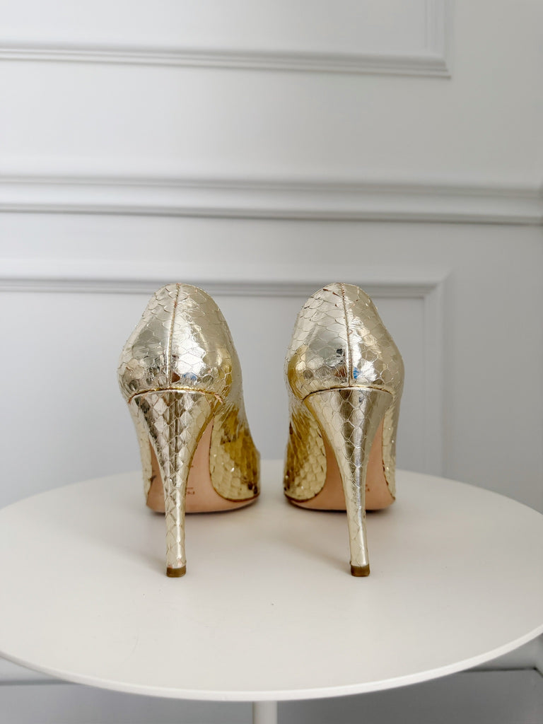 Vintage Metallic Snake Peep Toe Pumps