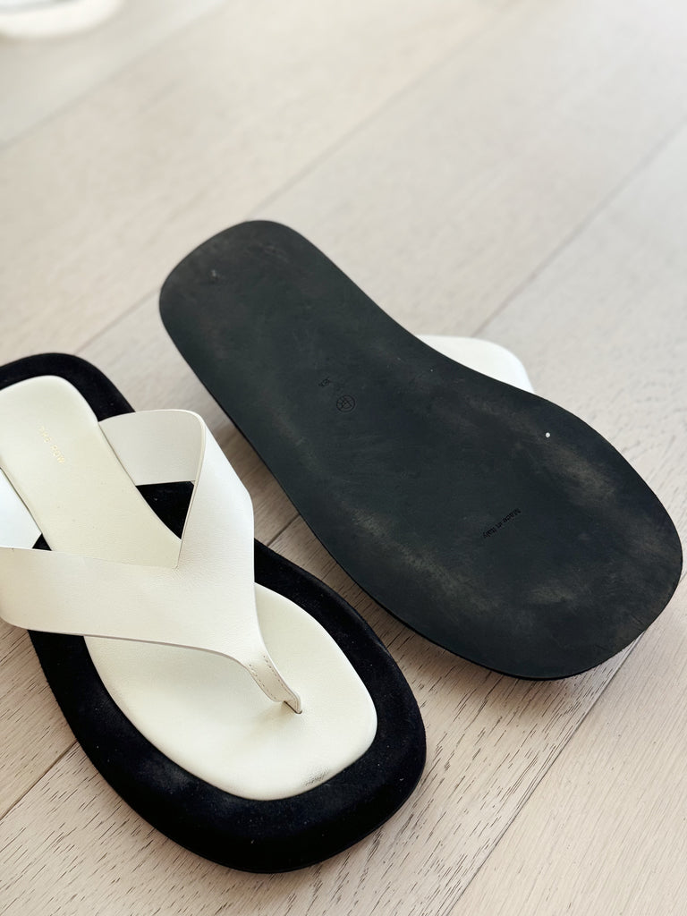 Ginza two-tone leather and suede platform flip flops