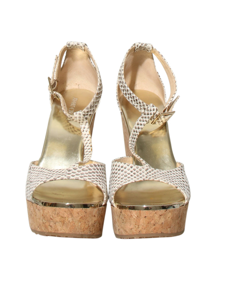 Embossed Leather Snake Print Wedge Sandals