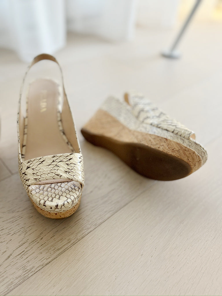 Snake Print Slingback Cork Wedge Sandals