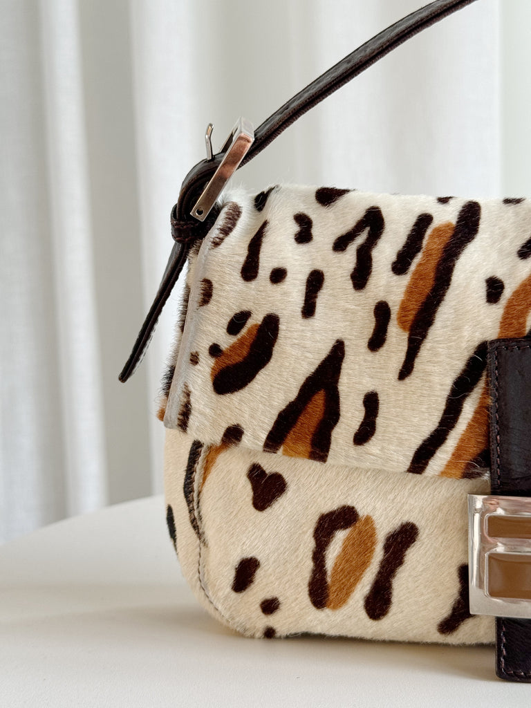 Vintage Leather-Trimmed Animal Print Ponyhair Baguette