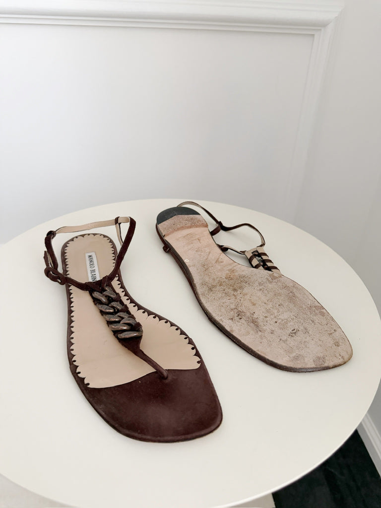 Vintage Chain Detail Suede Flat Thong Sandals