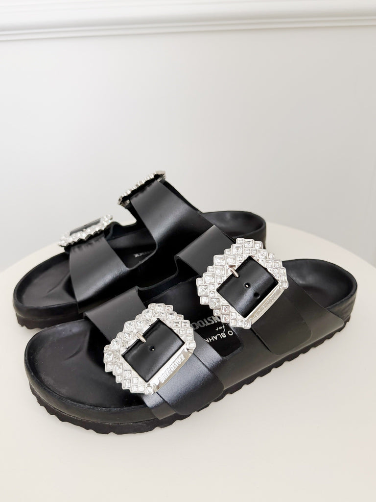 Leather Crystal Embellished Slides