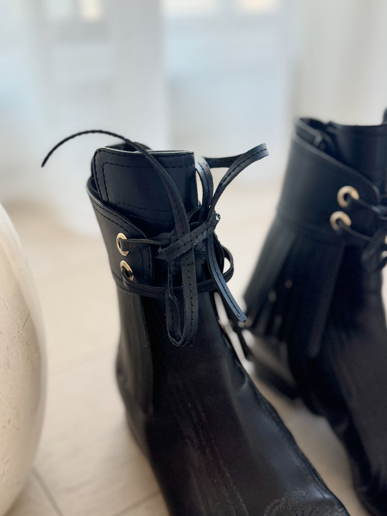 Leather Fringe Lace-Up Boots
