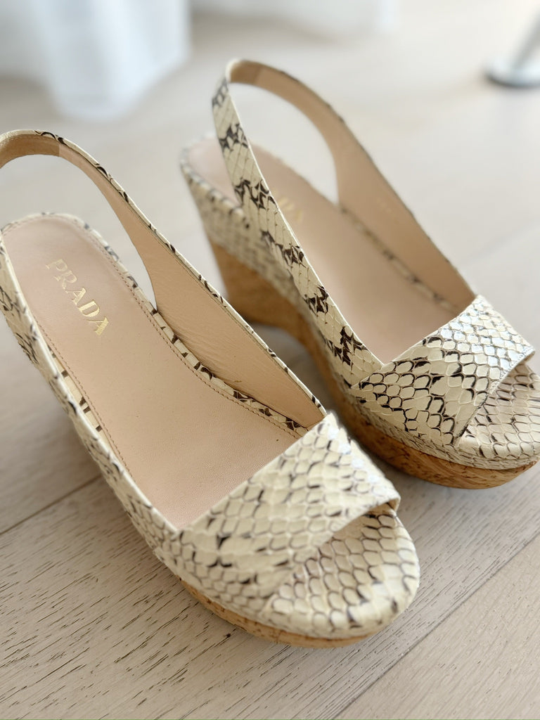 Snake Print Slingback Cork Wedge Sandals