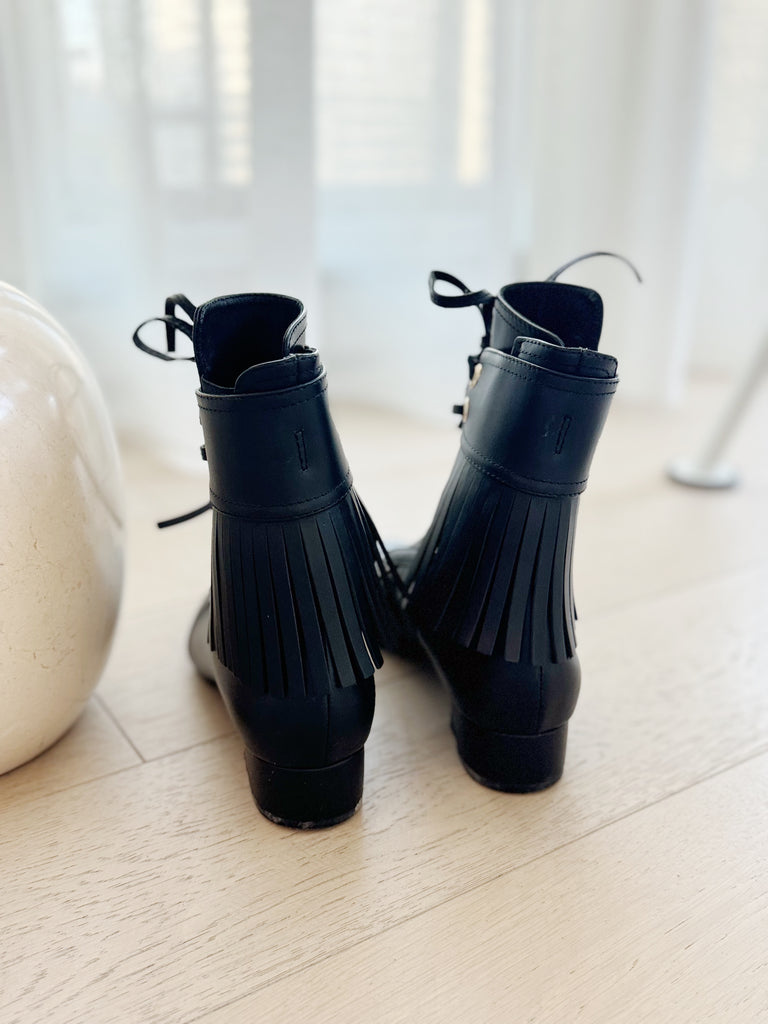 Leather Fringe Lace-Up Boots