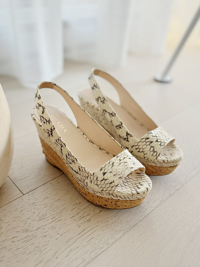 Snake Print Slingback Cork Wedge Sandals