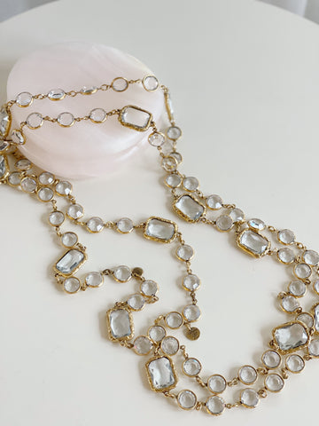 Vintage Gold and Clear Crystal Chiclet Chain Sautoir Necklace, 1981