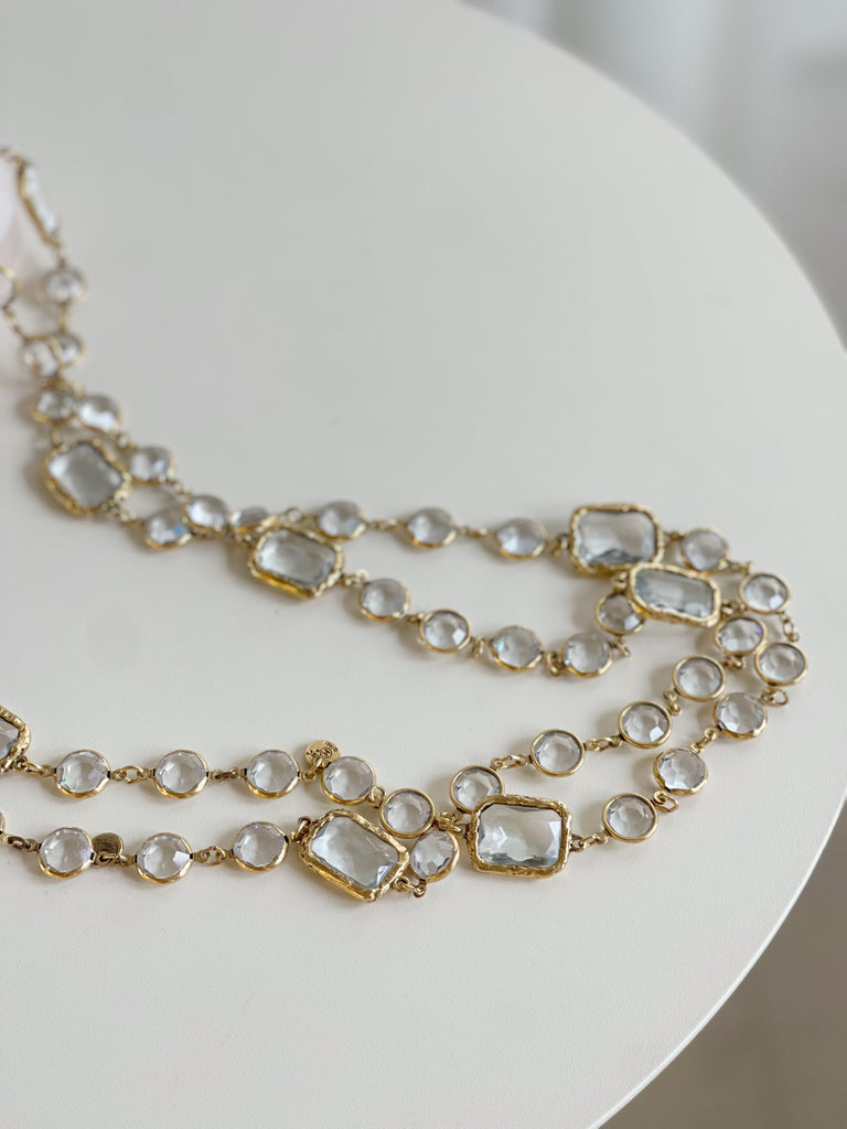 Vintage Gold and Clear Crystal Chiclet Chain Sautoir Necklace, 1981
