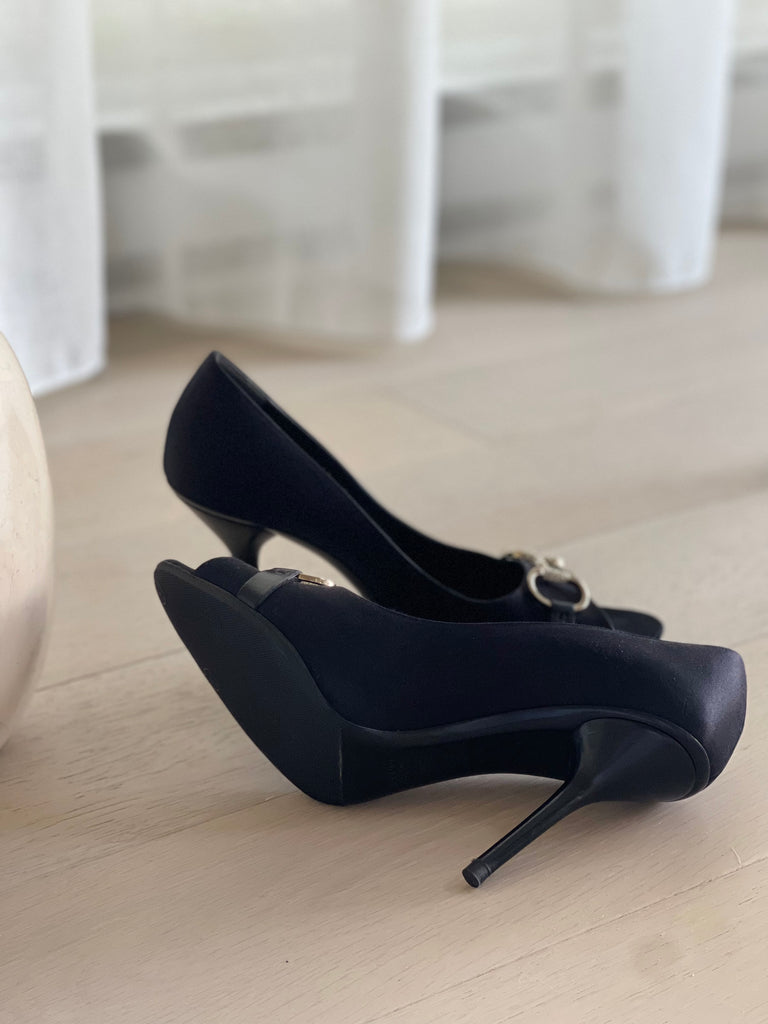 Satin Horsebit Peep-Toe Pumps