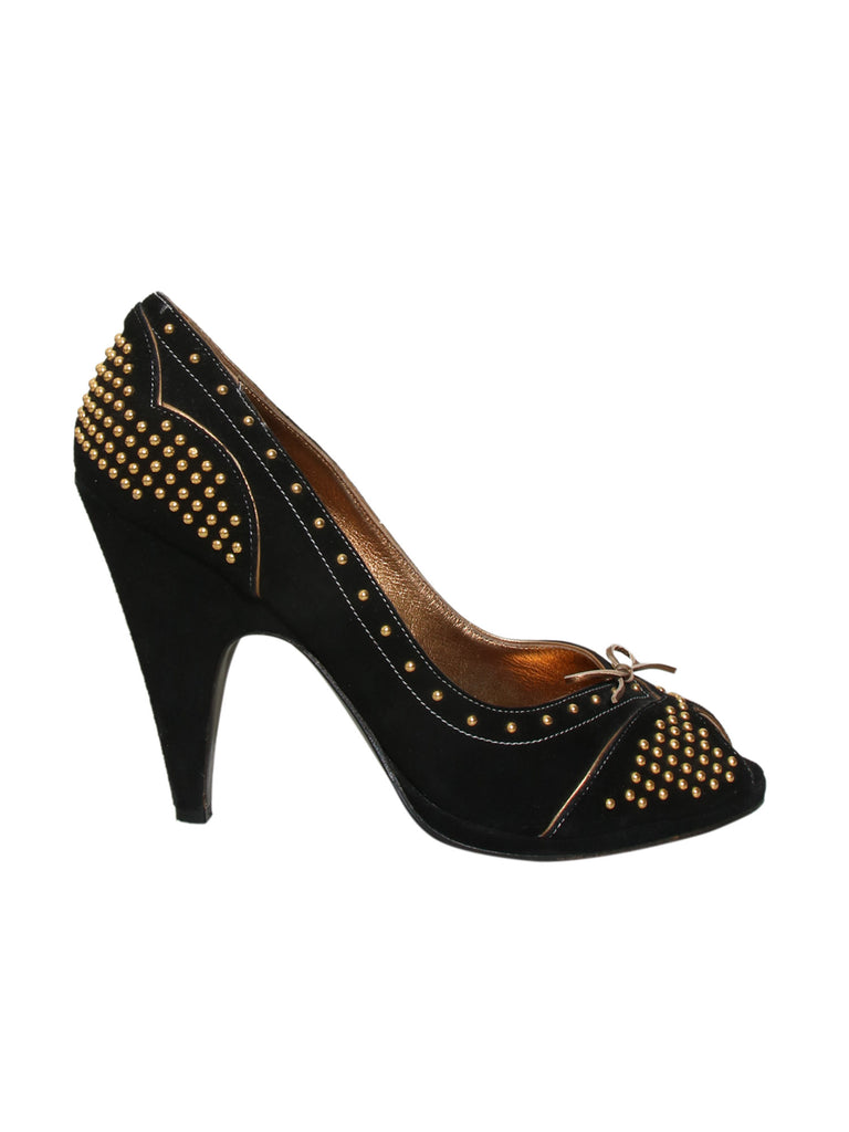 Suede Studded Peep Toe Pumps