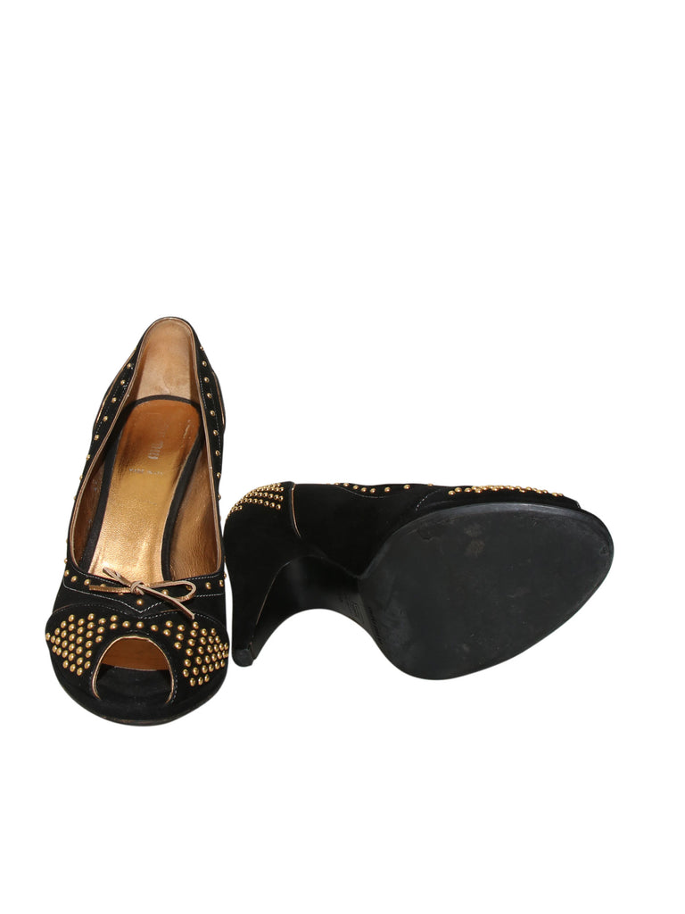 Suede Studded Peep Toe Pumps