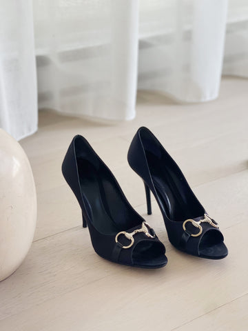 Satin Horsebit Peep-Toe Pumps