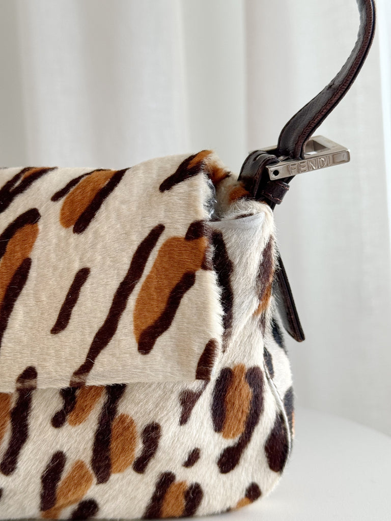 Vintage Leather-Trimmed Animal Print Ponyhair Baguette