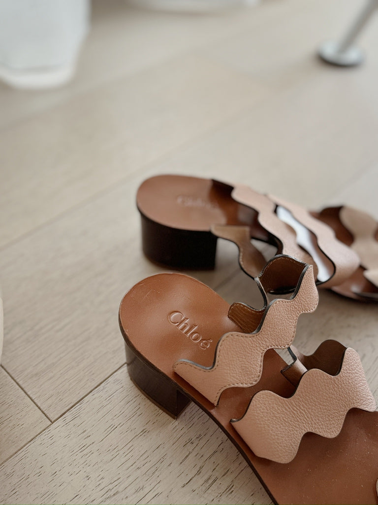 Scalloped Detail Leather Slide Sandals