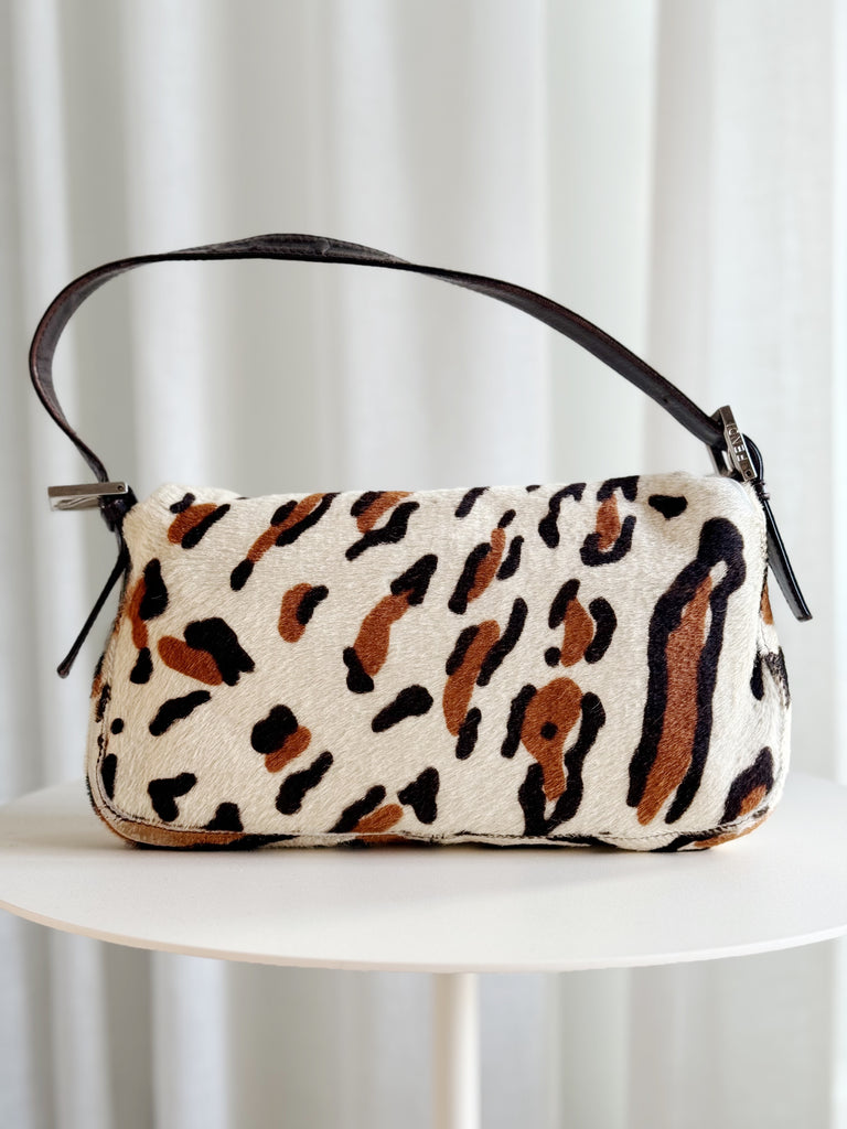 Vintage Leather-Trimmed Animal Print Ponyhair Baguette