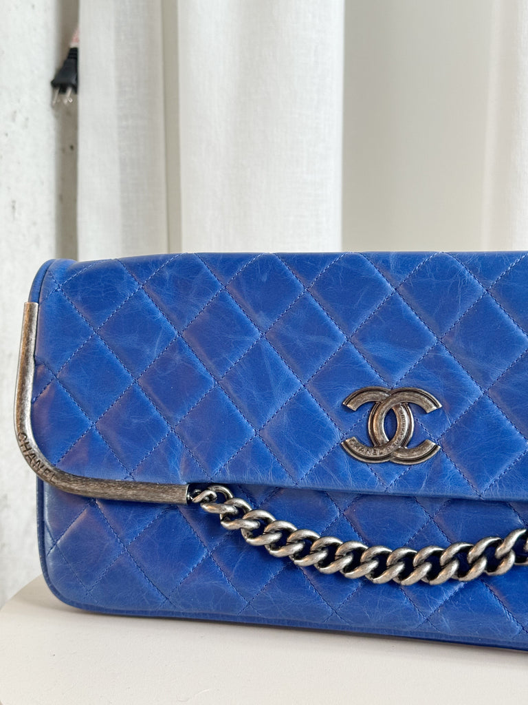 Glazed Calfskin Quilted Chain Clutch Bag