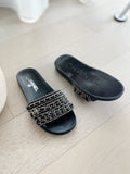 Chain-Link Accent Tweed Slide Sandals