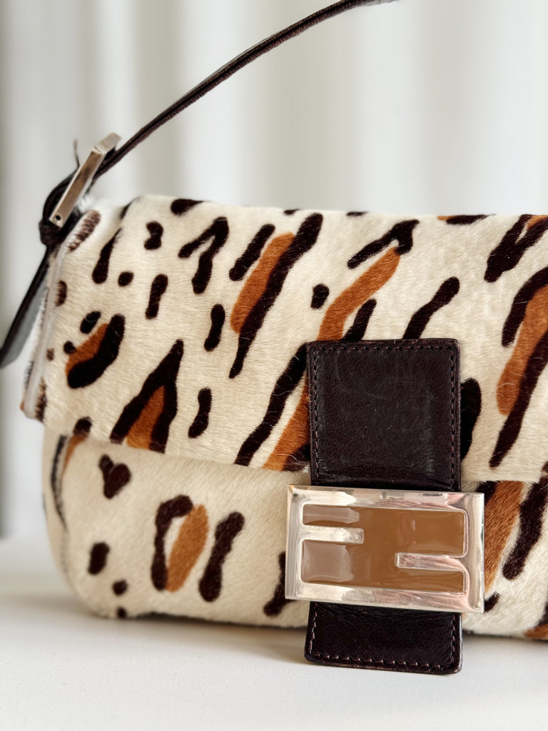 Vintage Leather-Trimmed Animal Print Ponyhair Baguette