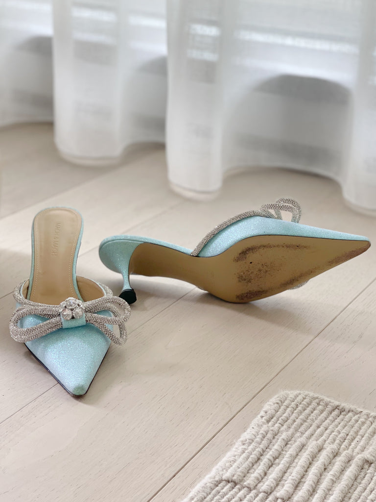 Double-Bow Crystal-Embellished Glittered Mules