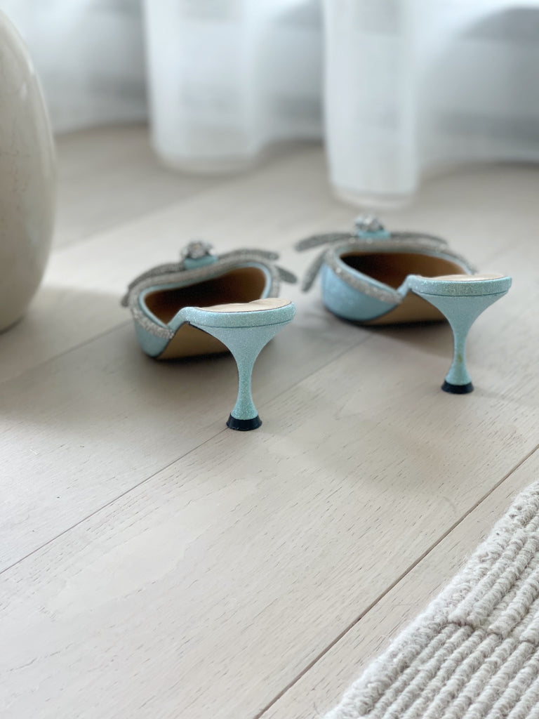 Double-Bow Crystal-Embellished Glittered Mules