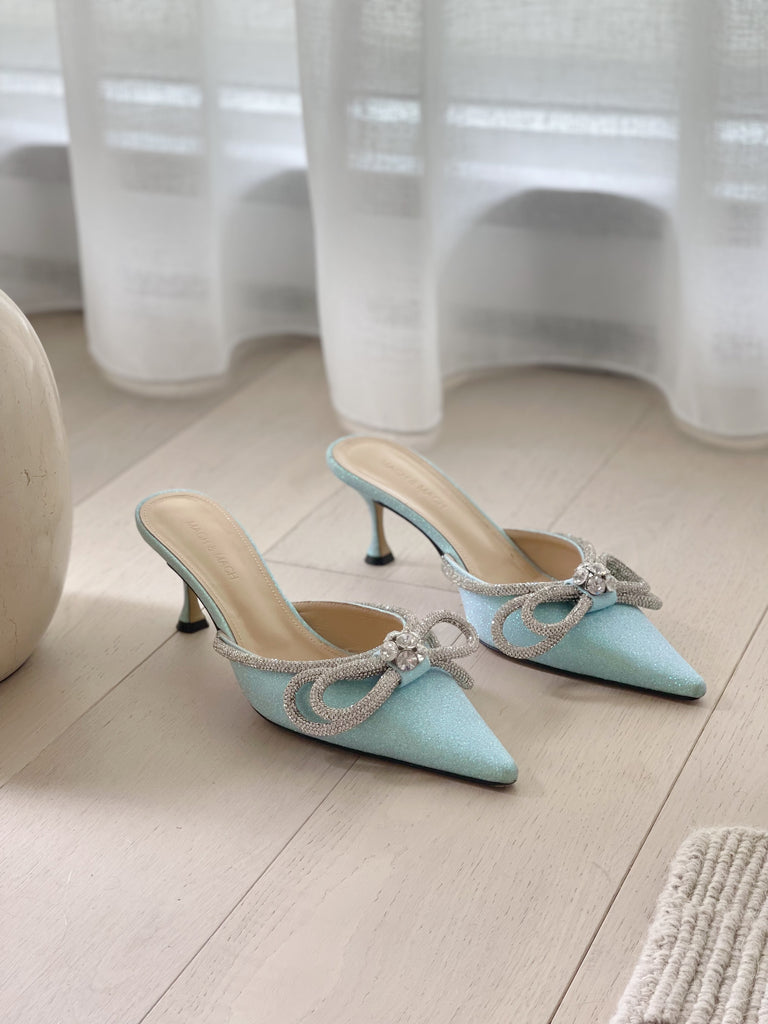 Double-Bow Crystal-Embellished Glittered Mules