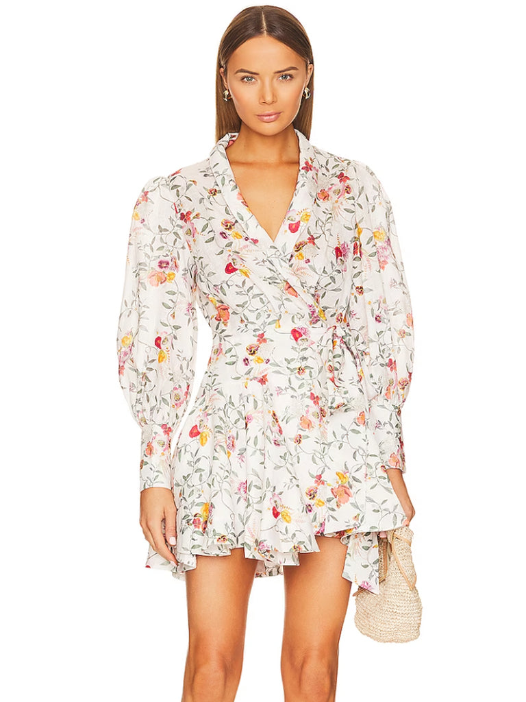 Floral Print Linen Wraparound Dress