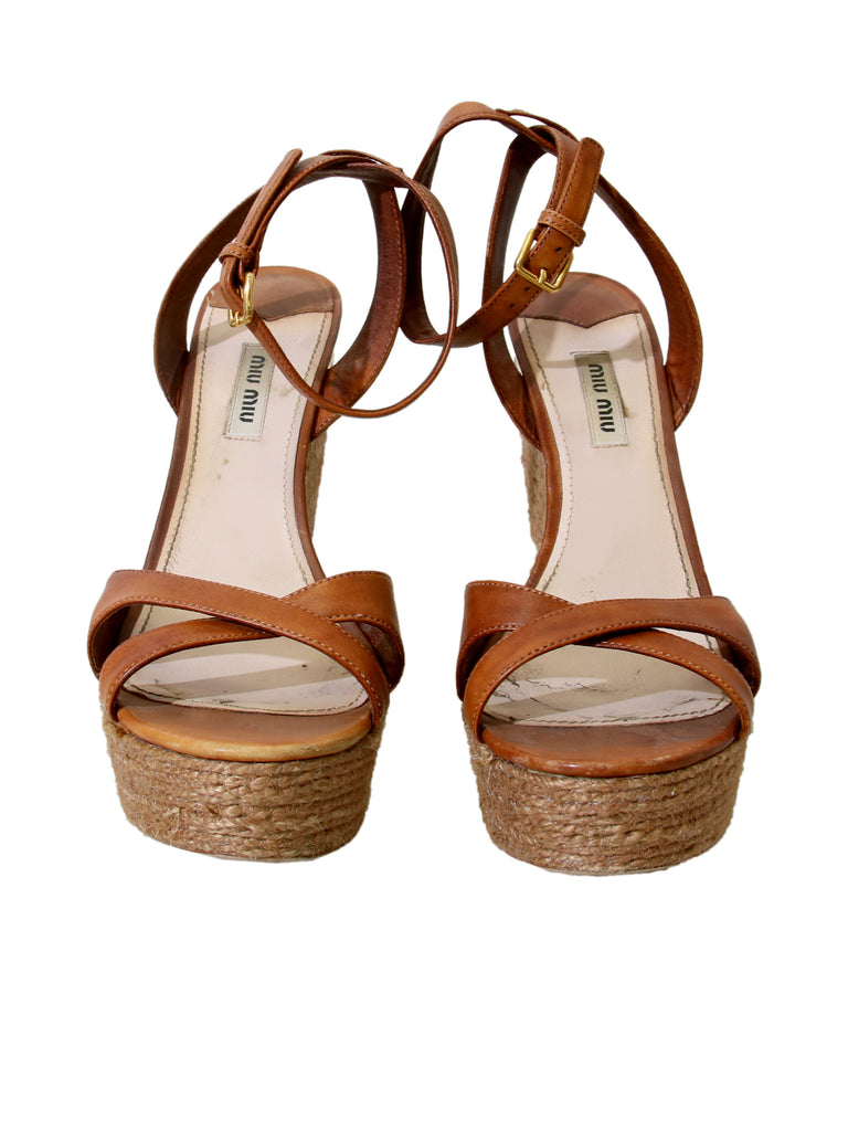 Miu Miu Leather Platform Wedge Sandals