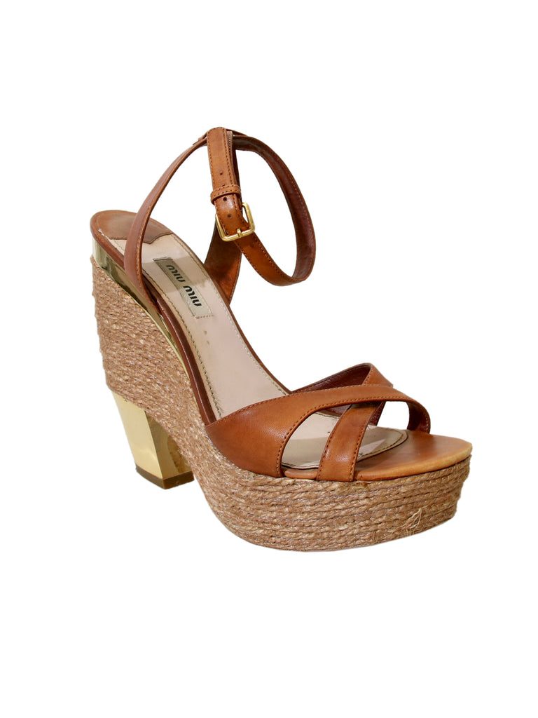 Miu Miu Leather Platform Wedge Sandals