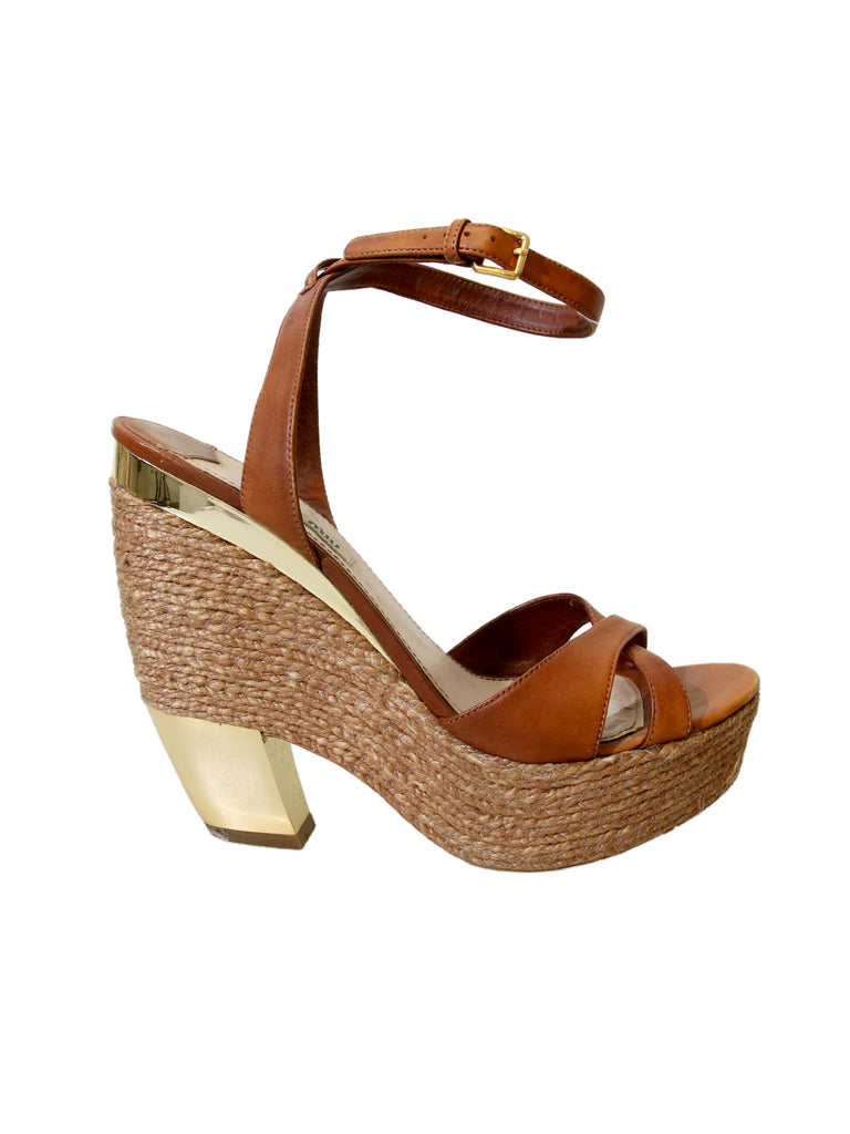 Miu Miu Leather Platform Wedge Sandals
