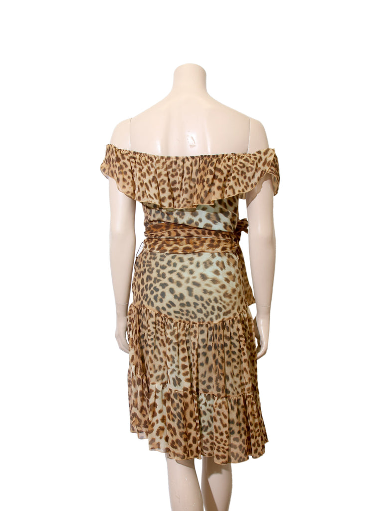 Blumarine Off-the-Shoulder Silk Leopard Dress