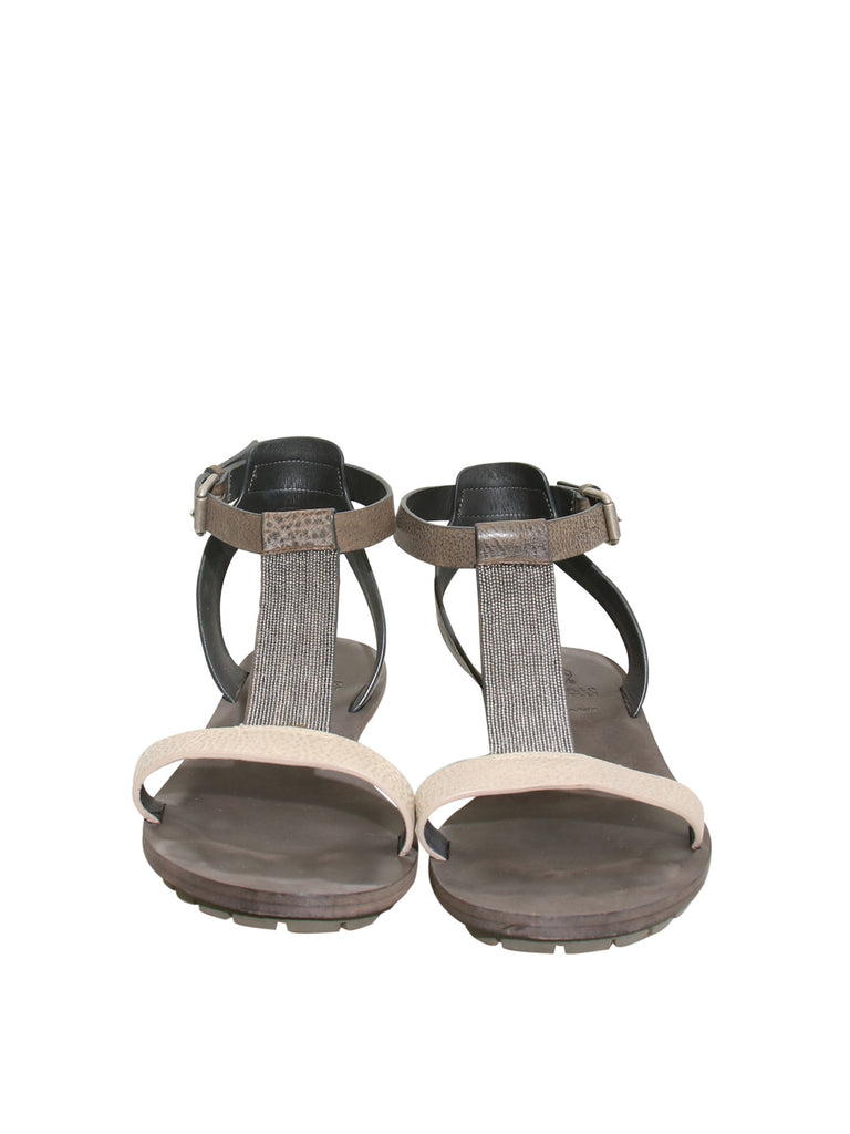 Brunello Cucinelli Monili-Accented Leather Flat Sandals