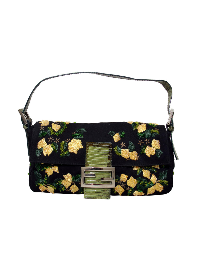 Fendi Lizard-Trimmed Embroidered Baguette
