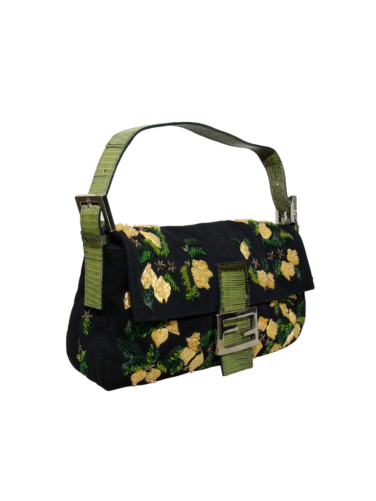 Fendi Lizard-Trimmed Embroidered Baguette