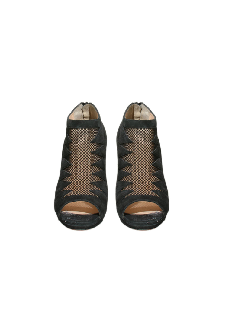 Suede Mesh Detail Open Toe Booties