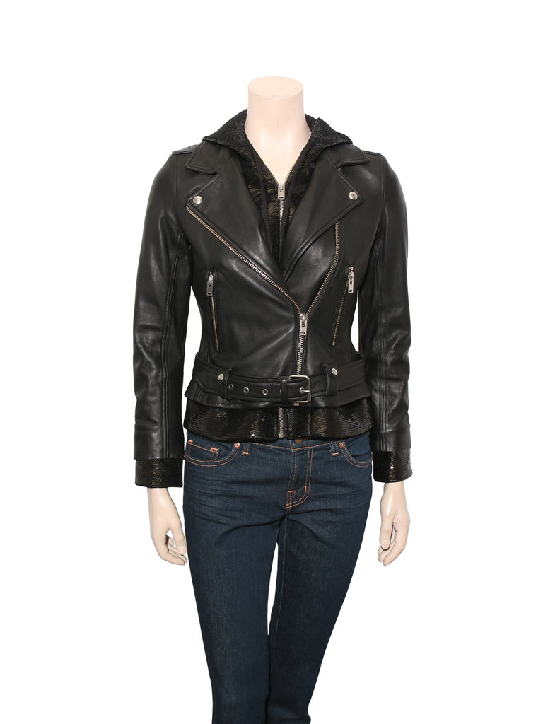Iro Leather Biker Jacket with Sequin Hood