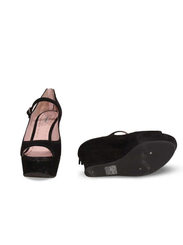 Miu Miu Suede Peep-Toe Wedge Sandals