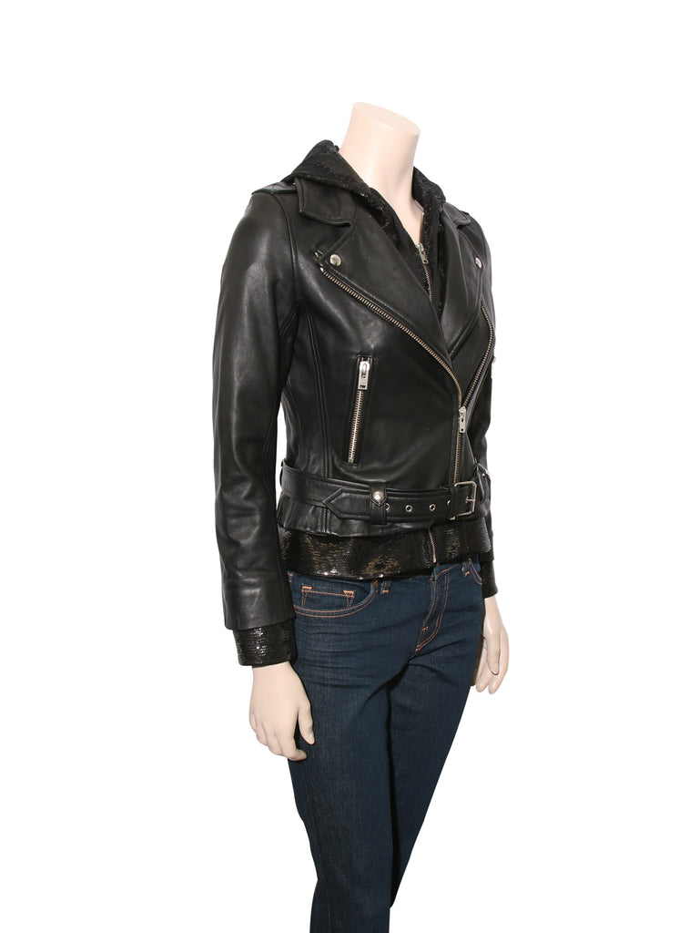 Iro Leather Biker Jacket with Sequin Hood
