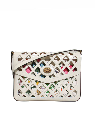  New Gucci Traforata Leather Cutout Flora Shoulder Bag 