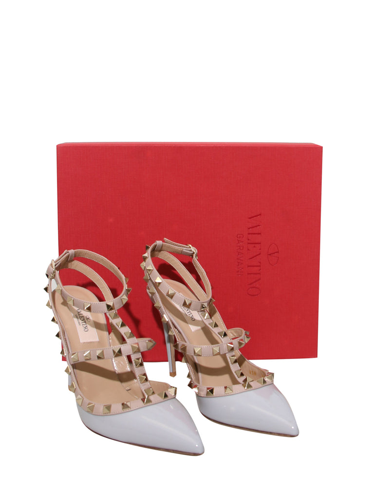 100mm Patent Rockstud Ankle Strap Heels