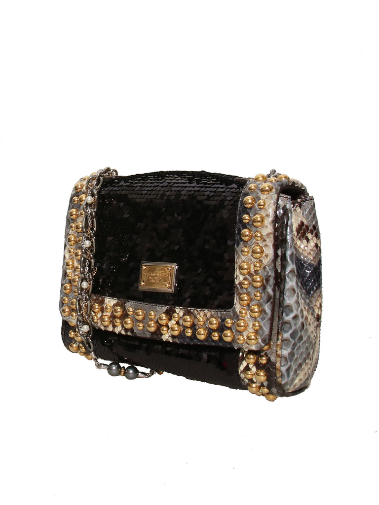 Dolce & Gabbana Studded Sequin and Snakeskin Shoulder Bag