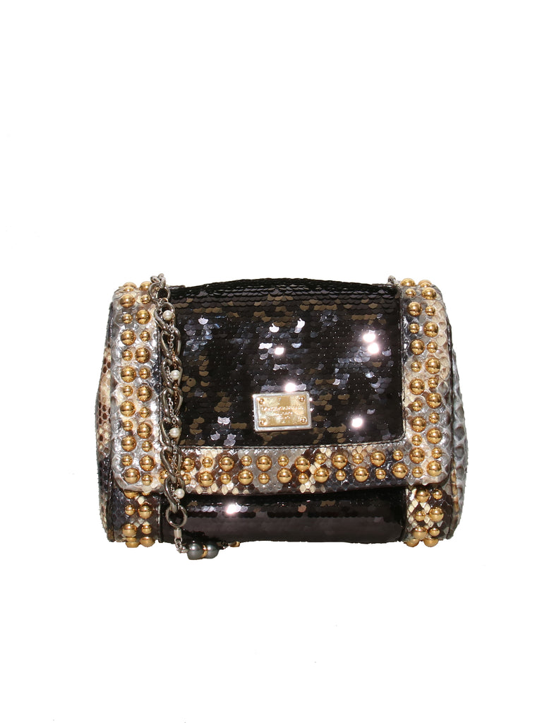 Dolce & Gabbana Studded Sequin and Snakeskin Shoulder Bag