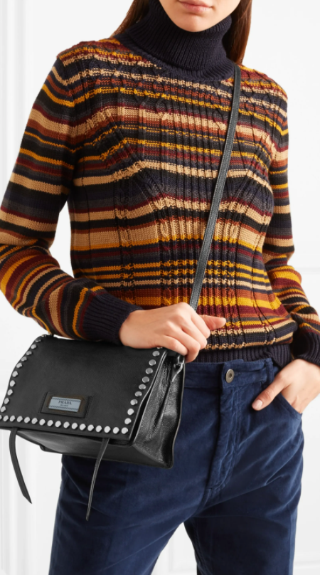 Prada Etiquette Studded Textured-Leather Shoulder Bag