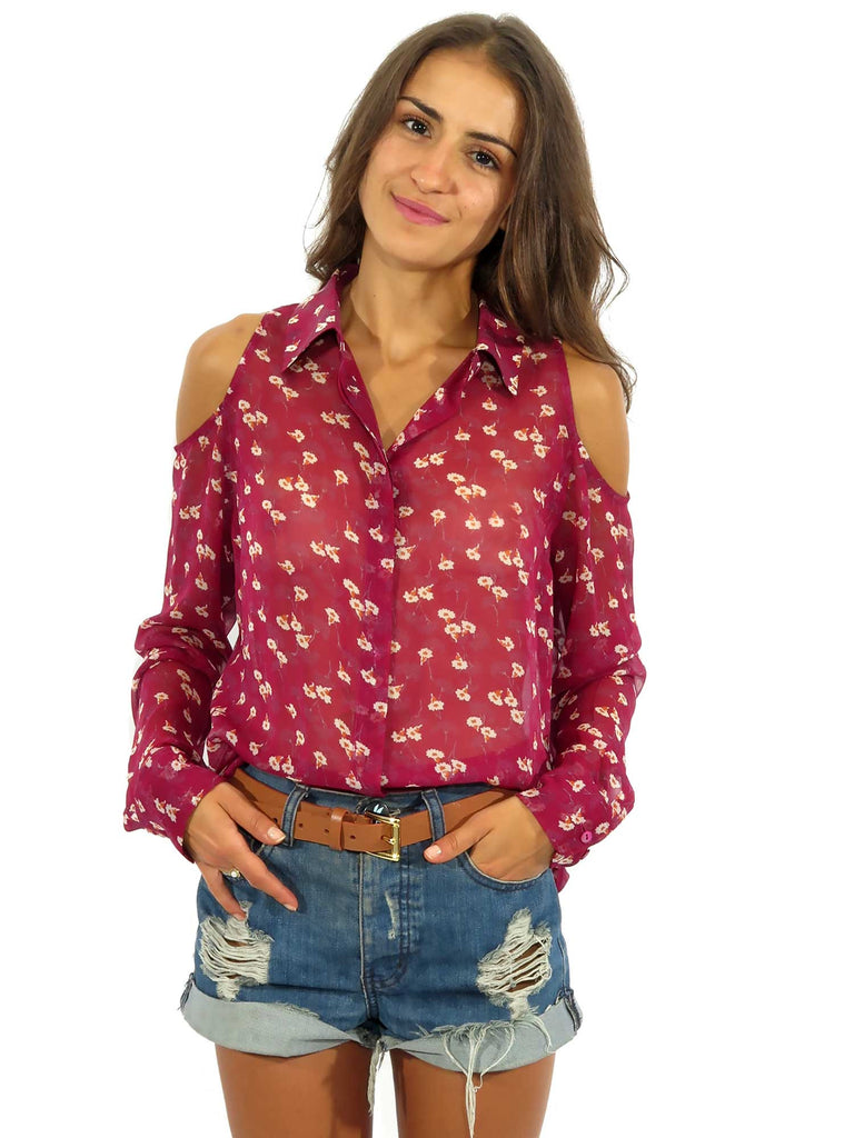 Equipment Floral Shoulder Cut-Out Blouse
