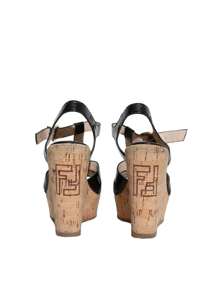 Fendi Patent Leather Cork Wedge Sandals