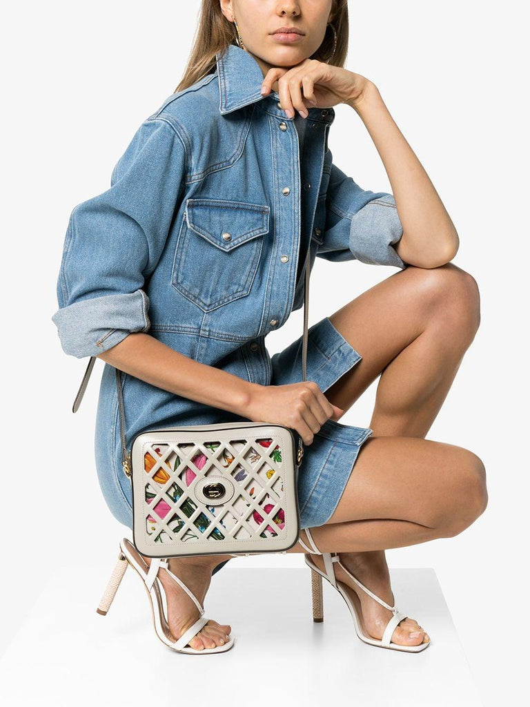 New Gucci Traforata Leather Cutout Flora Shoulder Bag