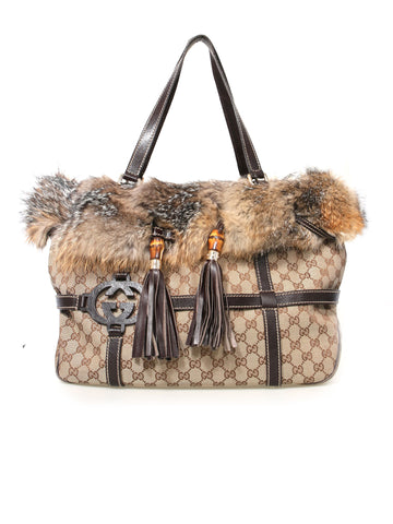 Gucci Monogram Canvas Fur Shoulder Bag